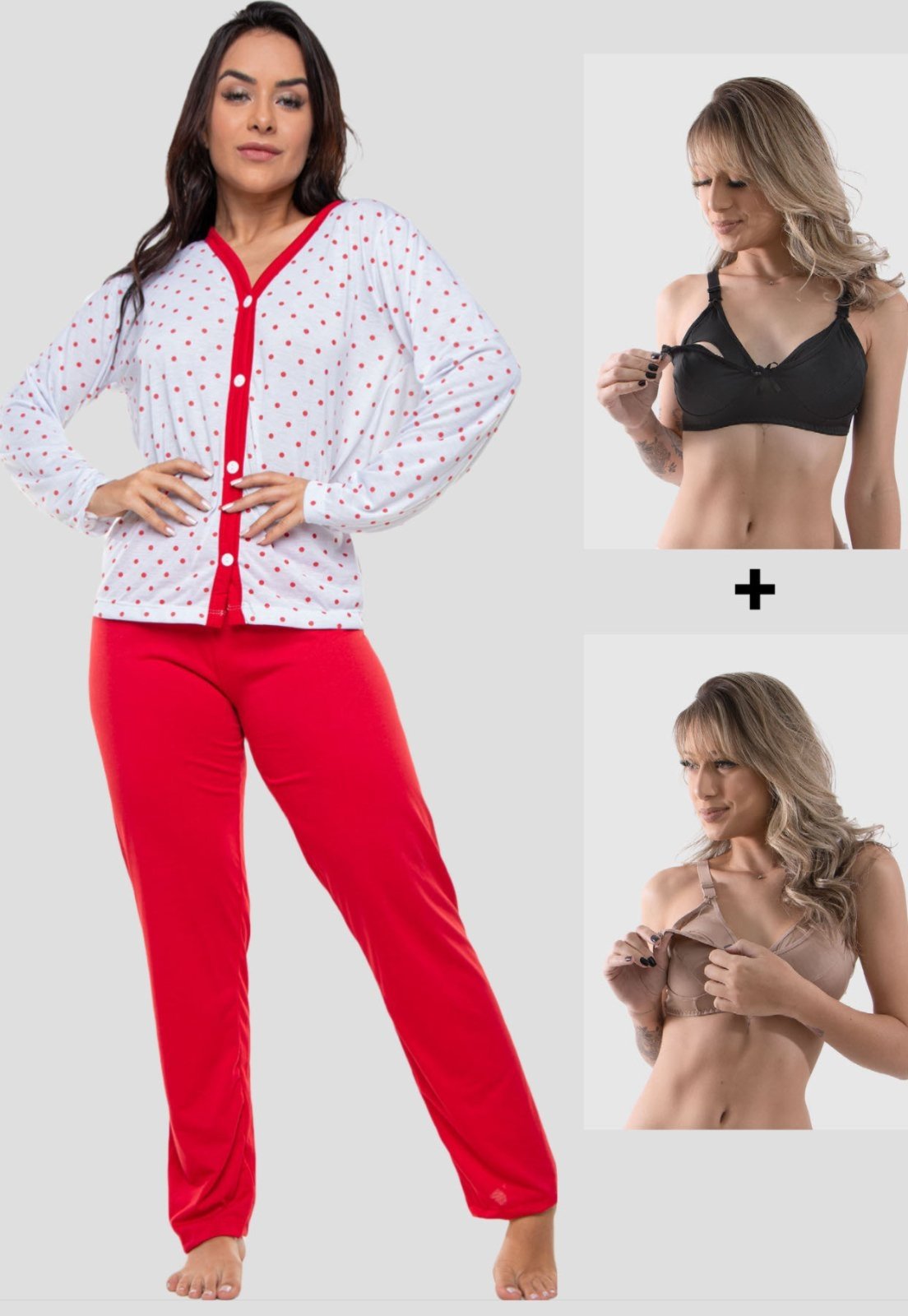 Kit 1 Pijama 4 Estações Com Botão Amamentação Manga Longa Feminino Vermelho + 2 Sutiãs Amamentação Preto e Bege