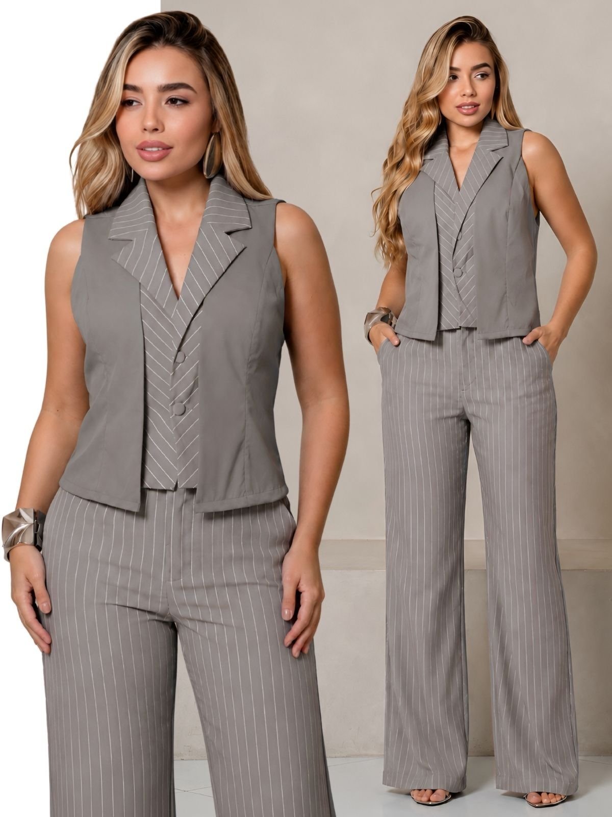 Conjunto 2 Peças Feminino Colete Estruturado Botões Forrados e Calça Pantalona Listrada Cintura Alta Alfaiataria - Cinza