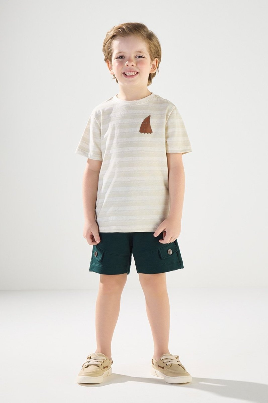 Infantil - Conjunto Camiseta Piquet Listrada com Bermuda Moletom