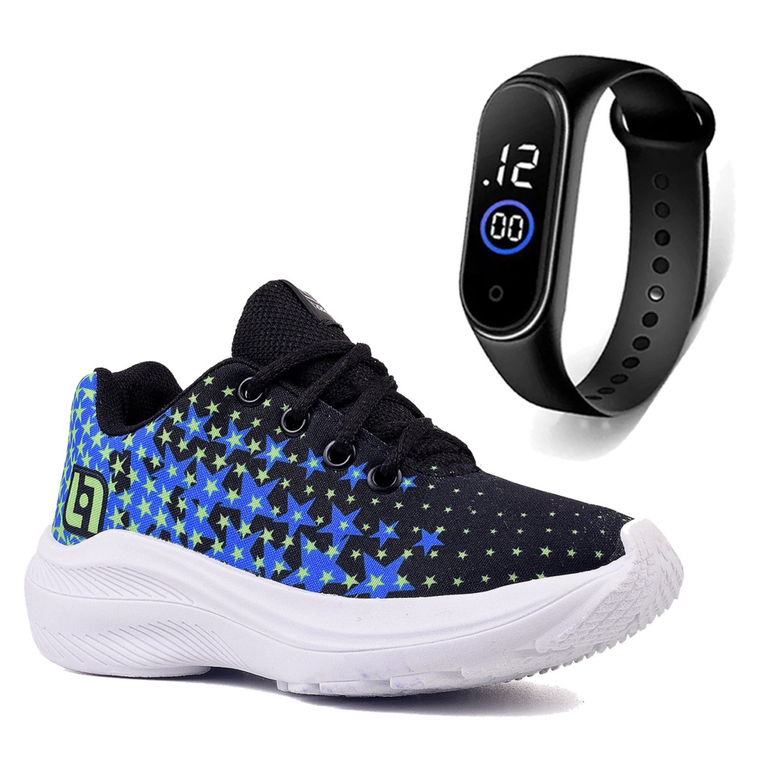 Infantil – Tenis Meninos Casual Preto e Azul + Relógio