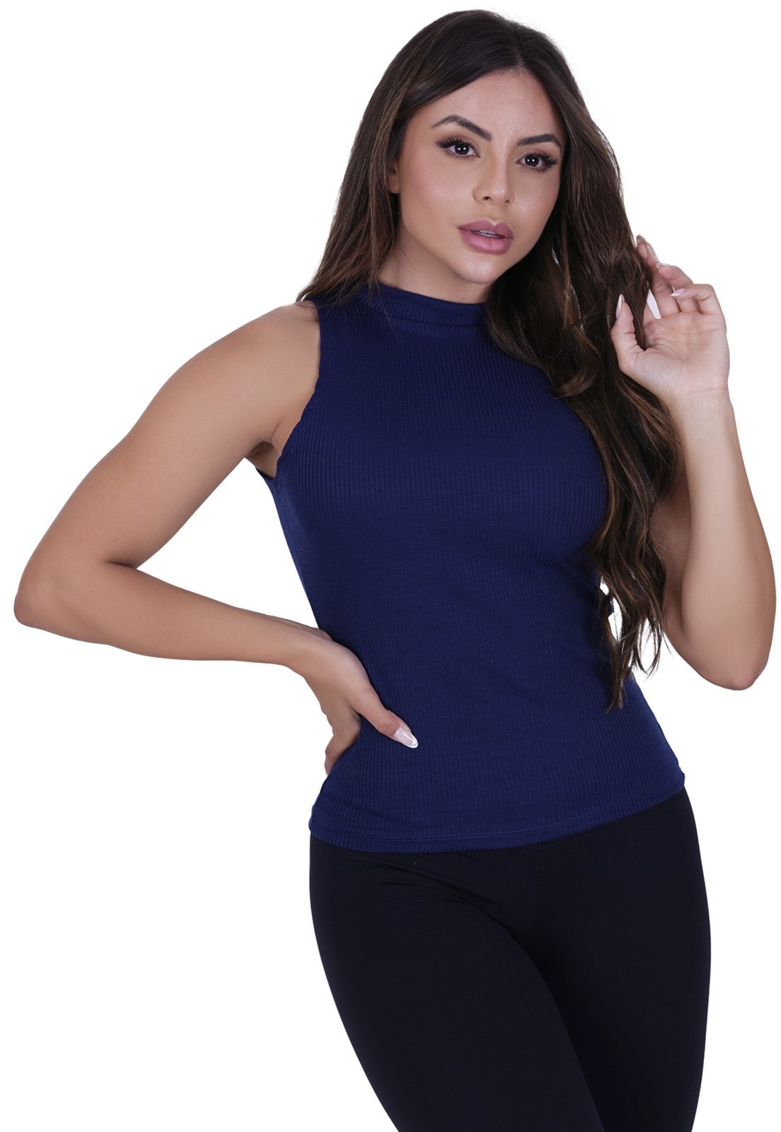 Blusa Feminina Regata Verão Canelada Azul Marinho St Madame