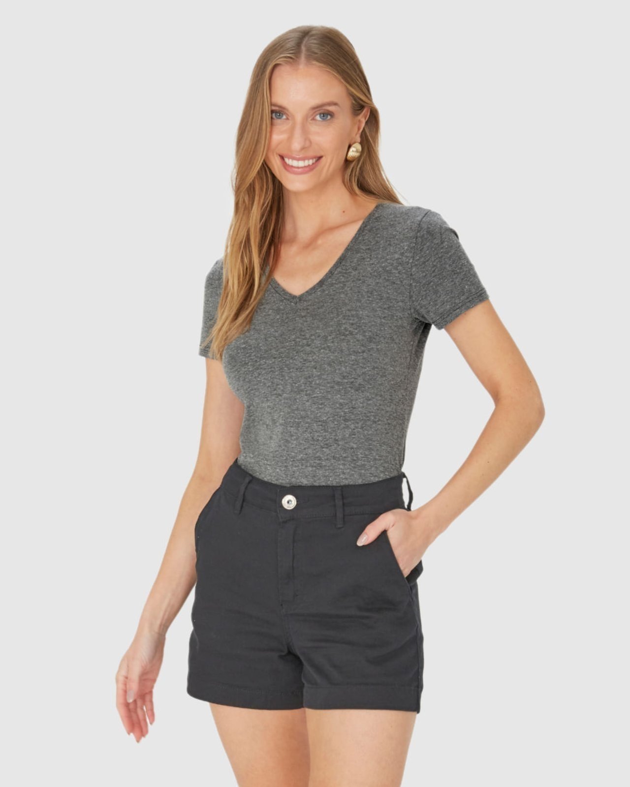 Blusa Básica Feminina Decote V Em Cotton Light