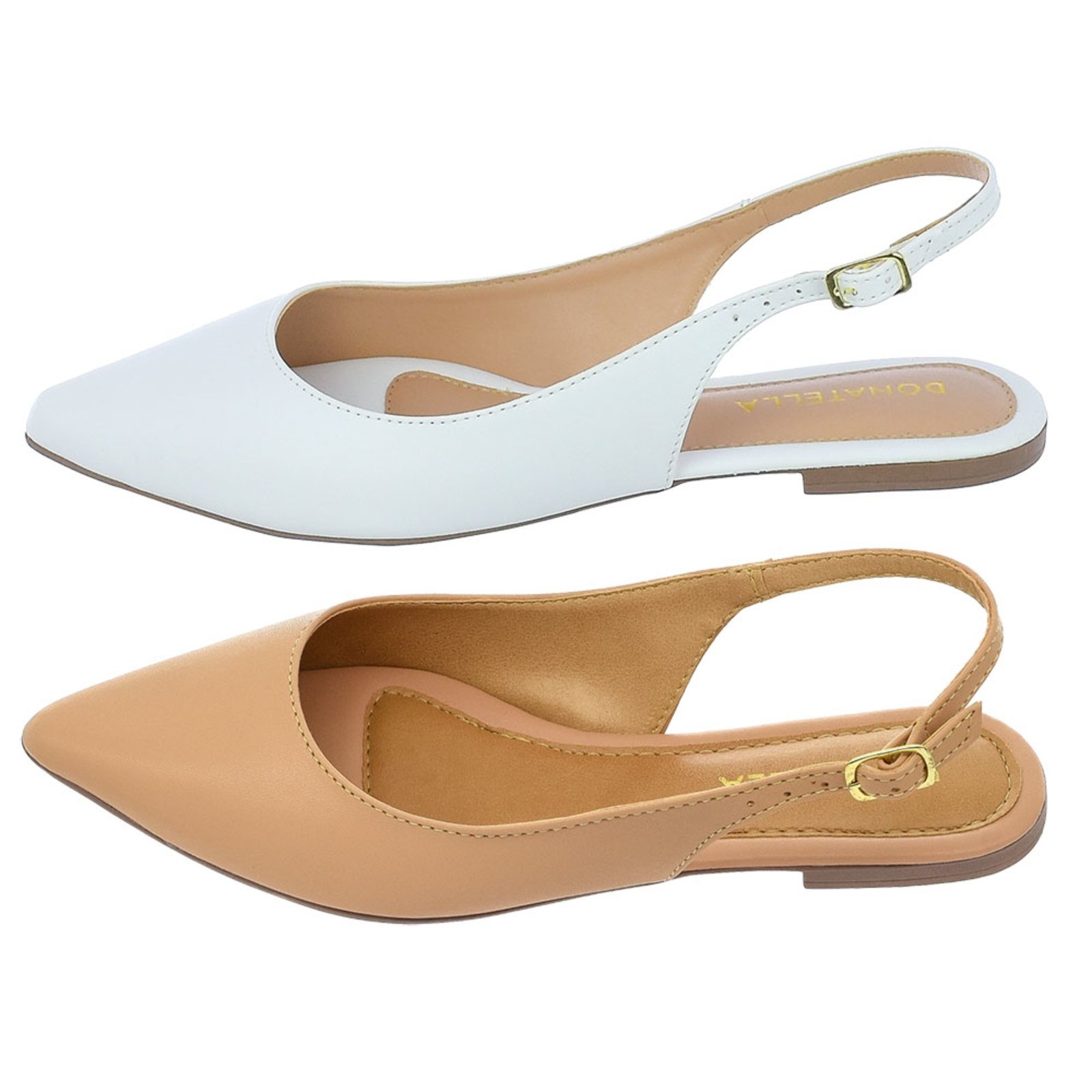 Kit 2 Pares Mule Feminino Sapatilha Bico Fino Donatella Shoes Rasteira Slingback Lisa Clássica Nude e Branco