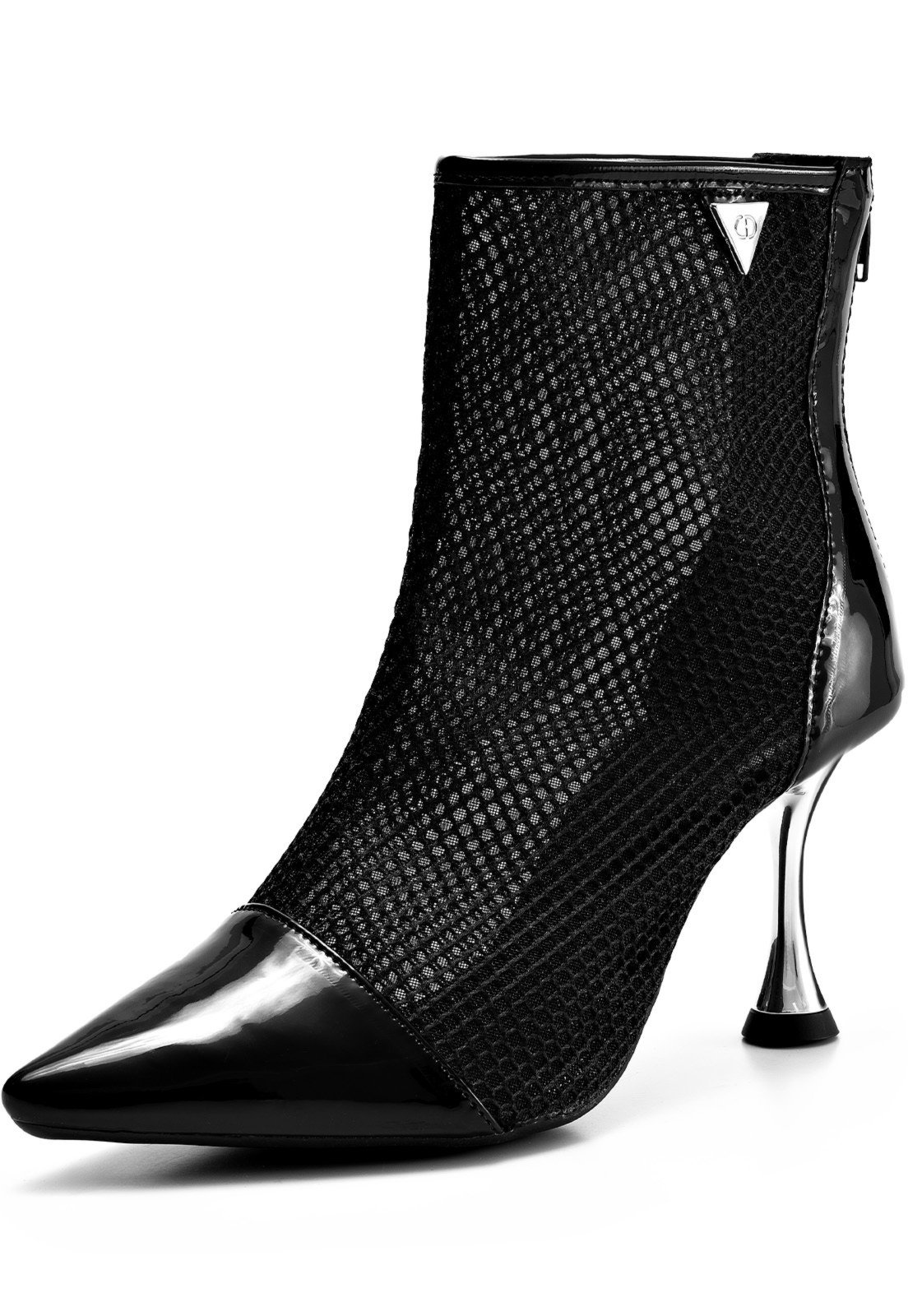 Bota Feminina Lumiss Cano Curto Salto Alto Fino Metalizado Tela Preto