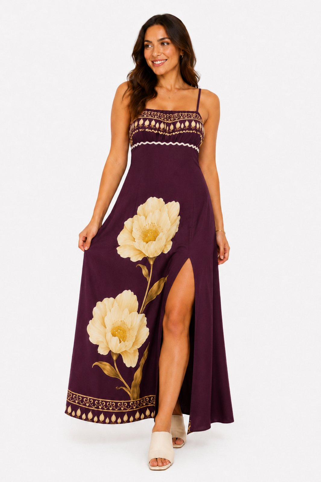Vestido Alcinha Longo D Bell Outlet Fashion Estampa Floral Roxo