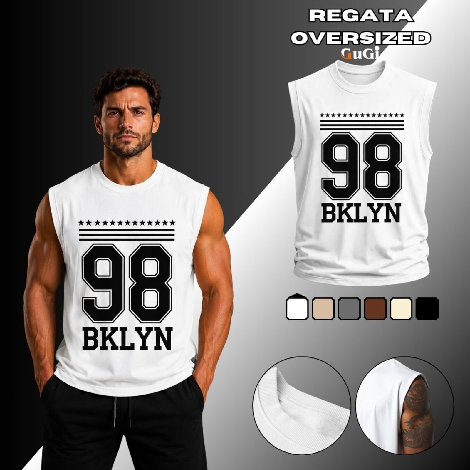 Camiseta Regata Masculina Oversized Estampada 98 Brooklyn 100% Algodão Branco