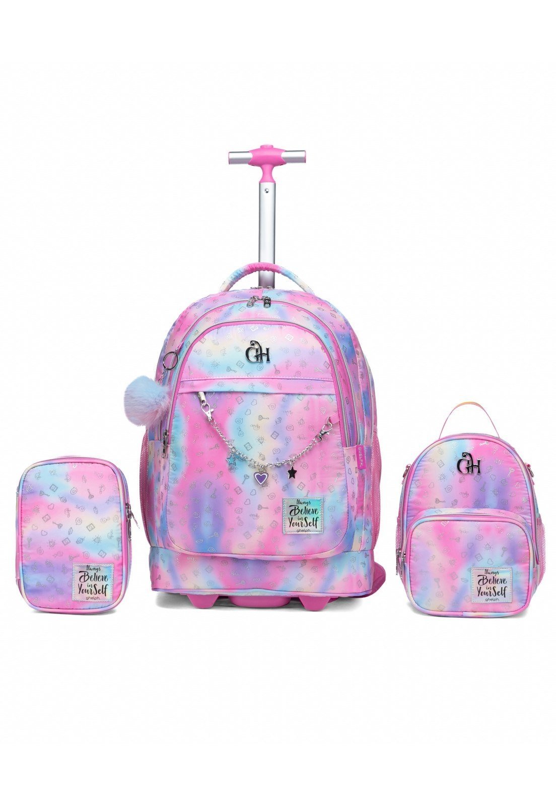Kit Mochila De Rodinhas Estojo Lancheira Juvenil Feminina