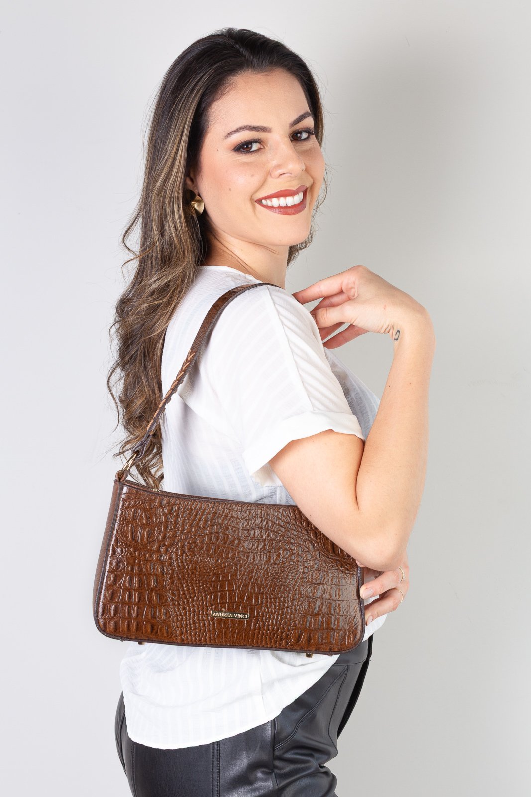 Vista 3 Bolsa de ombro em couro croco baguete Liah - Whisky preto preto