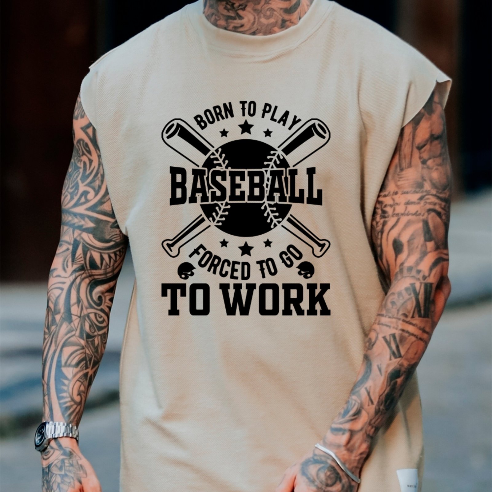 Camiseta Regata Machão Ousy Born to Play Baseball Forced To Work Oversized Masculina Off White