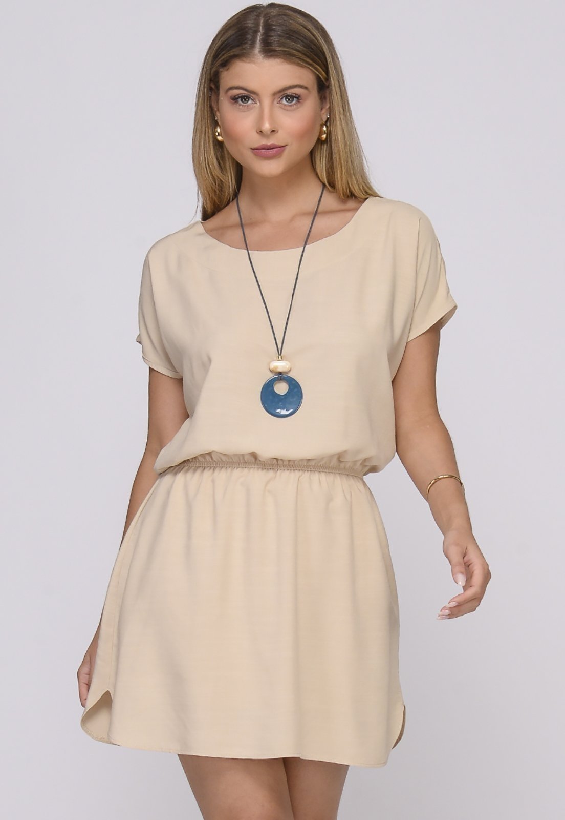 Vestido Curto M/C Elástico na Cintura Stela Bege