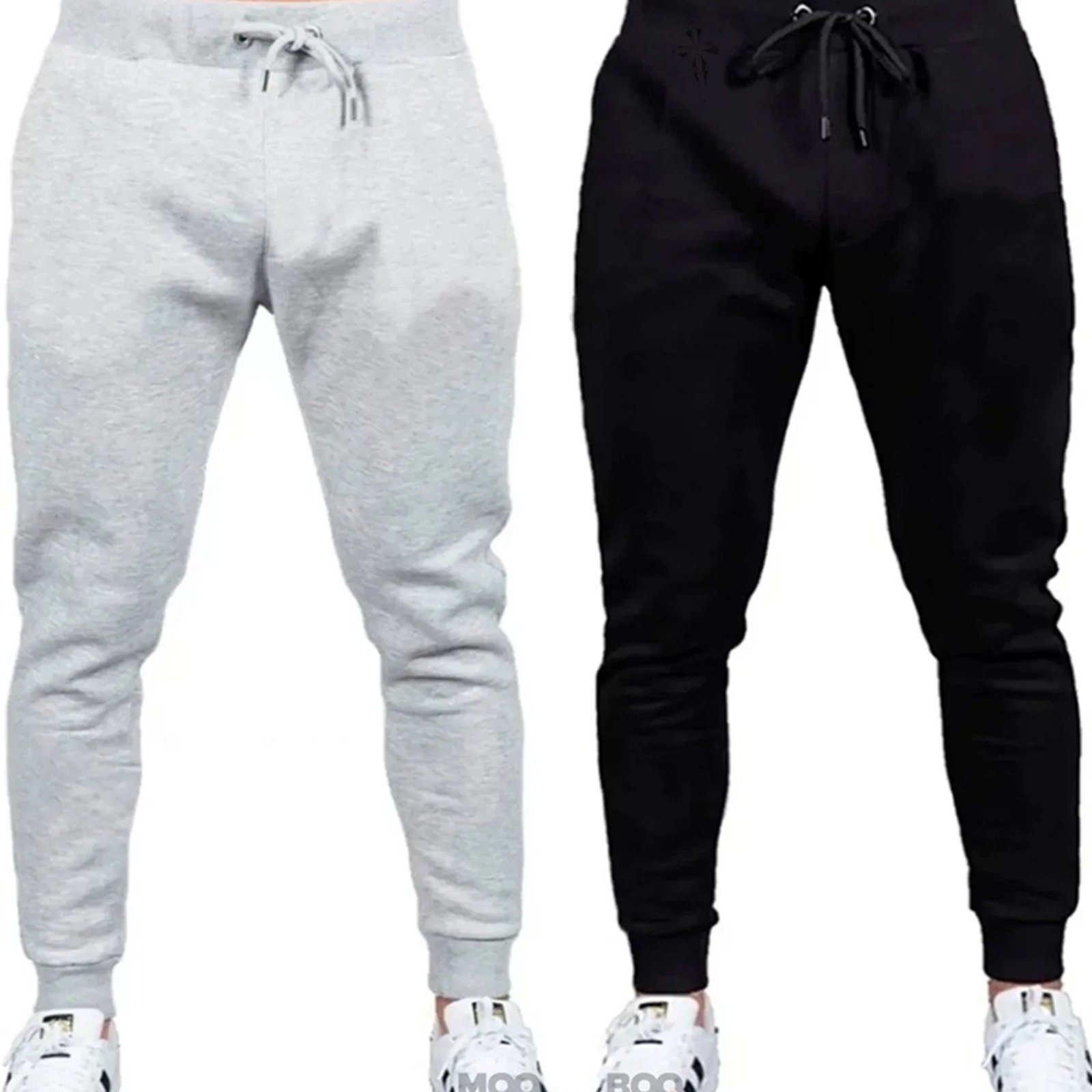KIt 2 Calças Moletom Algodão Jogger Flanelado Algodão Moleton Liso Masculino Mooboo Preto e Cinza Claro