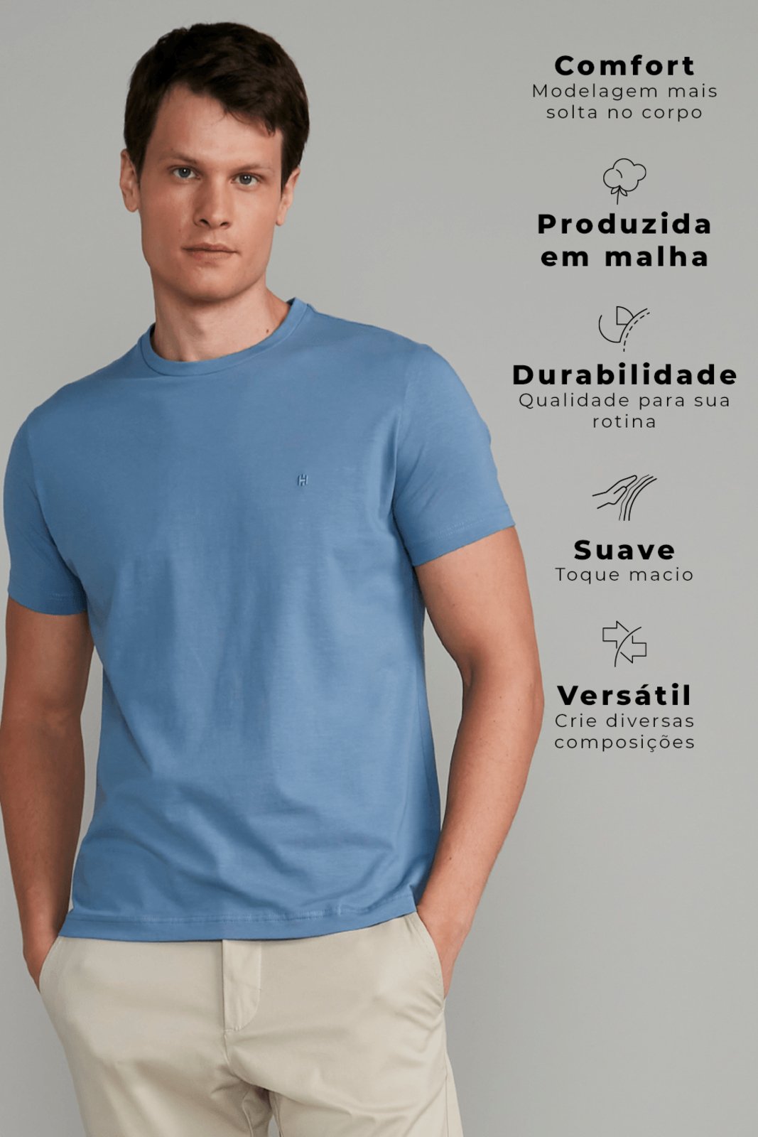 Vista 3 HIGHSTIL Camiseta Manga Curta Comfort Malha Básica Jeans azul HIGHSTIL azul