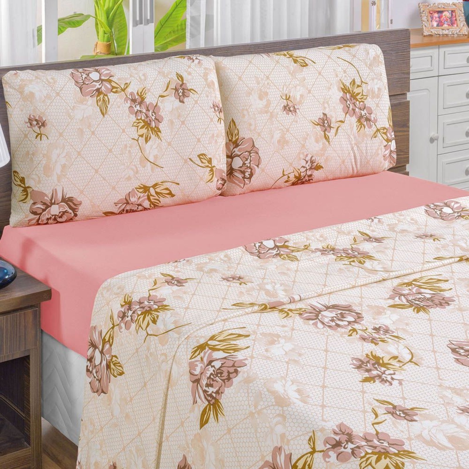 Jogo de Cama Casa Scarpa Quality Solteiro Estampado Malha Algodão 3 Peças - Rosê