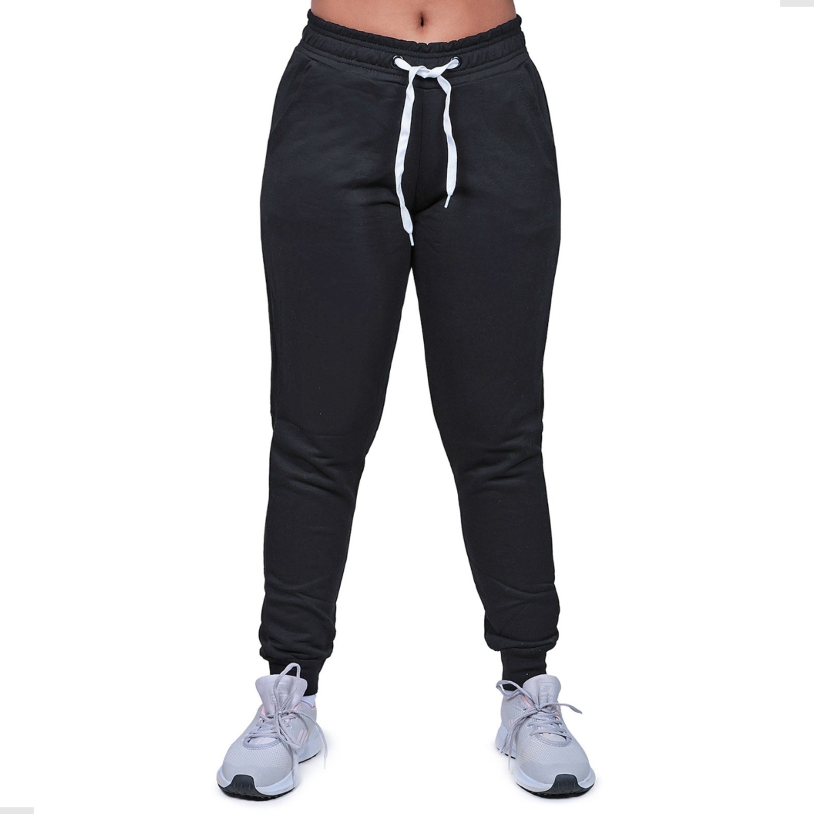 Calça De Moletom Feminina Techmalhas Jogger Slim Flanelada Preta Preto
