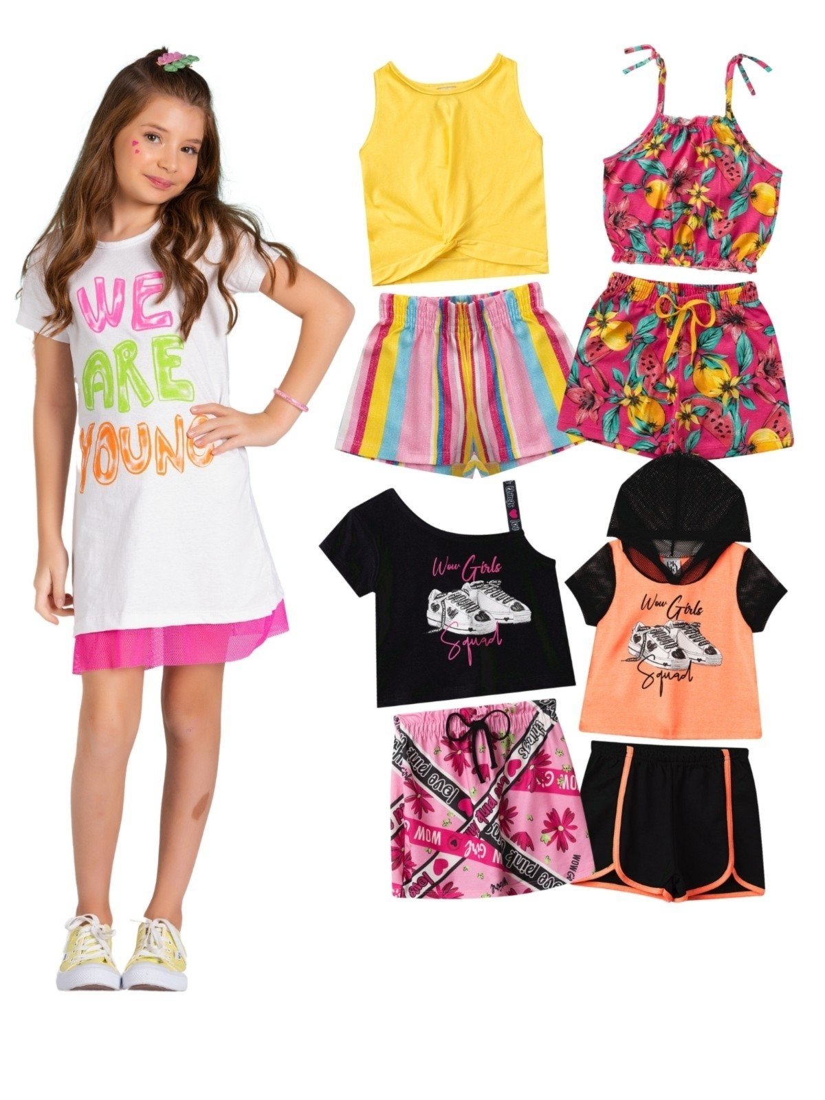 Infantil – Kit Sortido Platinum 8 Peças de Roupas Infantis Feminino Verão- 4 Camisas + 4 Shorts/Saia Multicolorido