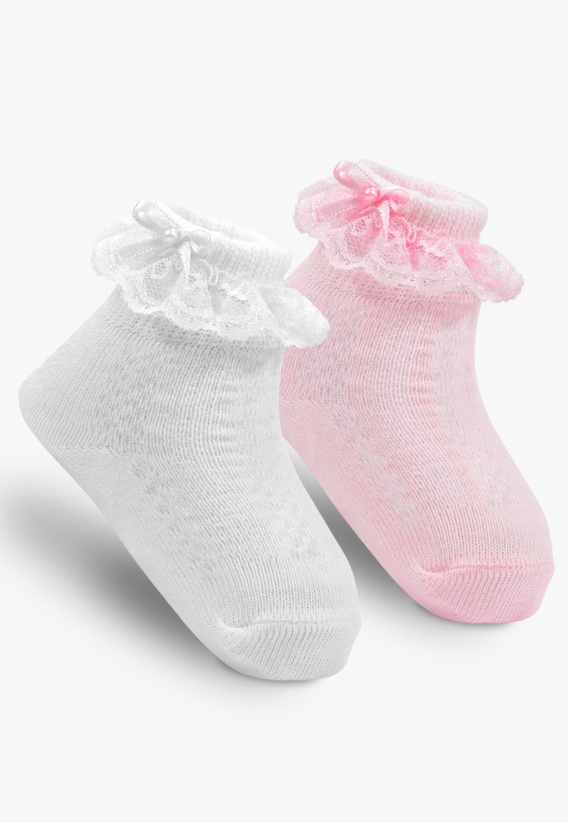 Kit 2 Pares Meias Pópidi Menina Renda Branco e Rosa