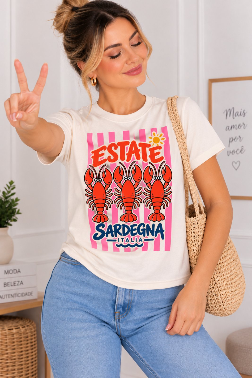T-Shirt Feminina Lagosta Peixe Italia Estampas Marinhas Manga Curta Casual Confortável Verão Cor OFF