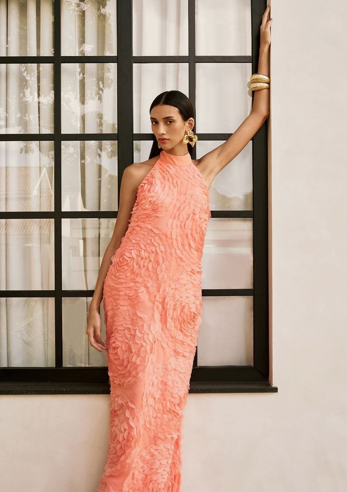 Vestido Iódice Solto Gola Alta Sem Manga Longo - Laranja