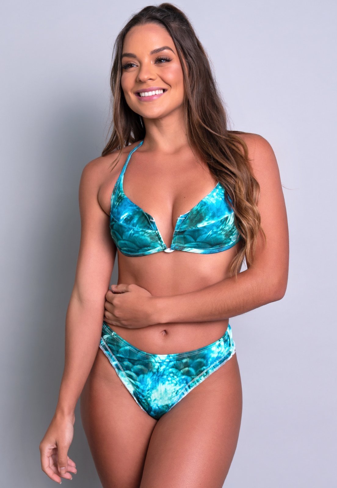 Biquíni MVB Modas Cropped Decote V Ripple Cintura Alta Pavão