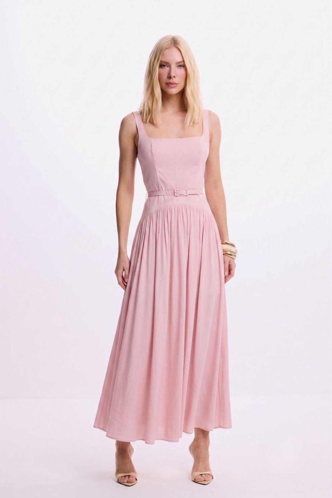 Vestido Regata Longo Com Cinto Carlota Costa Rosa