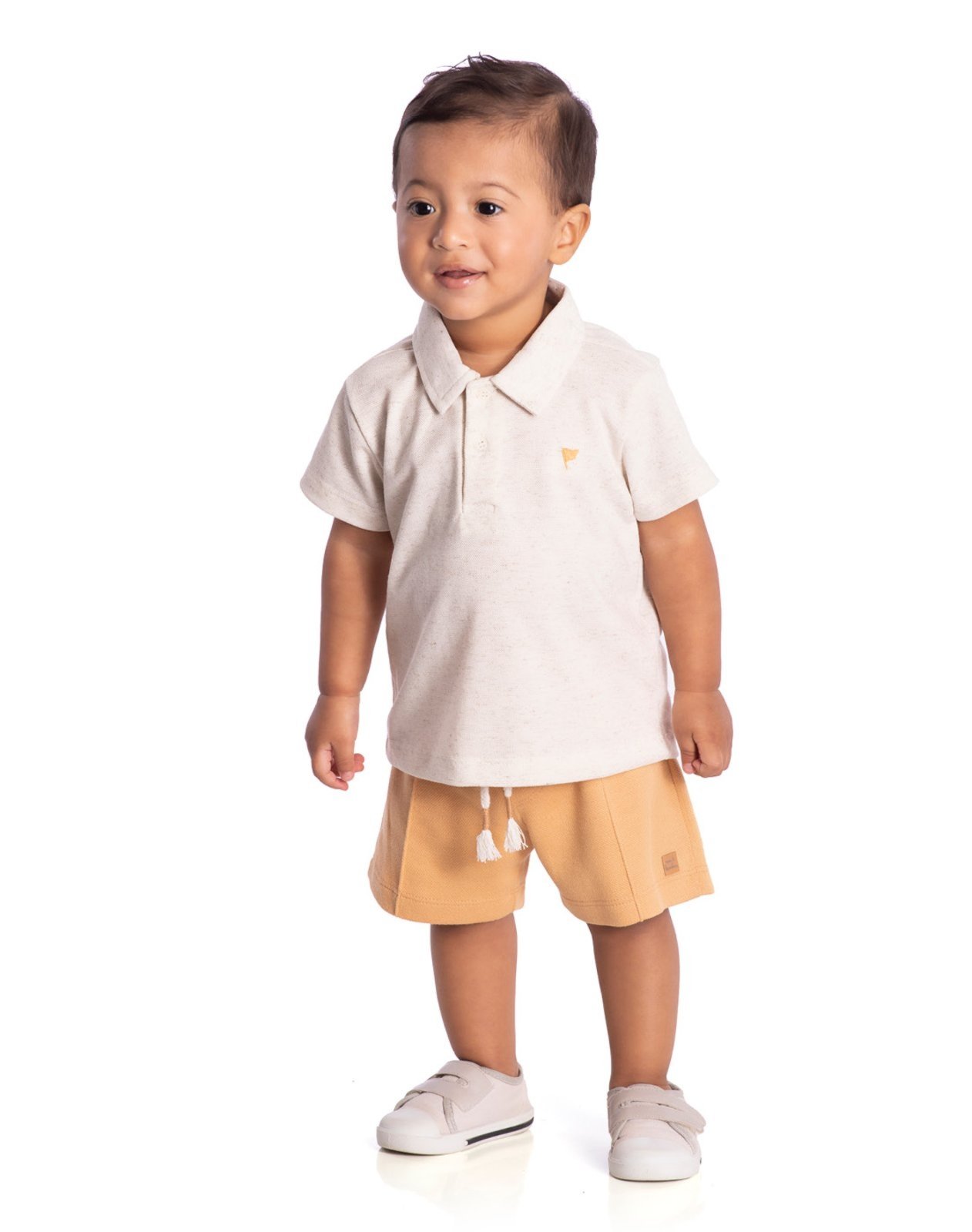Infantil - Conj. pólo linho + bermuda malha caramelo