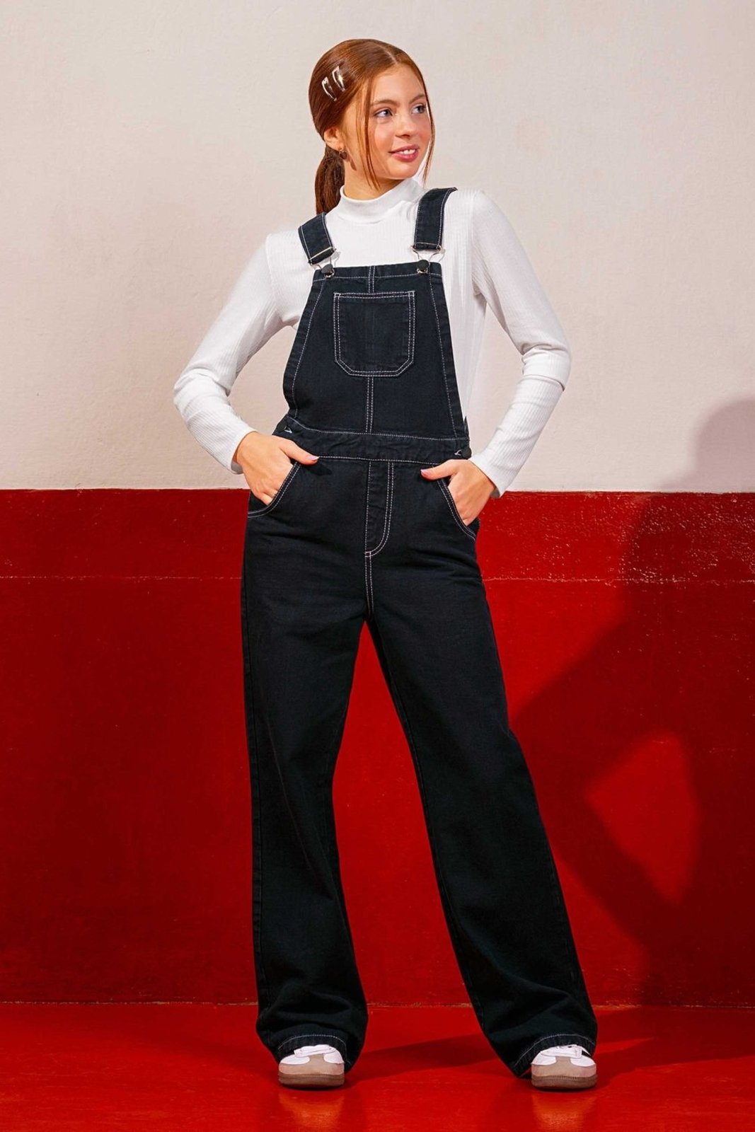 Infantil - Jardineira Jeans Juvenil Menina Beats Preto