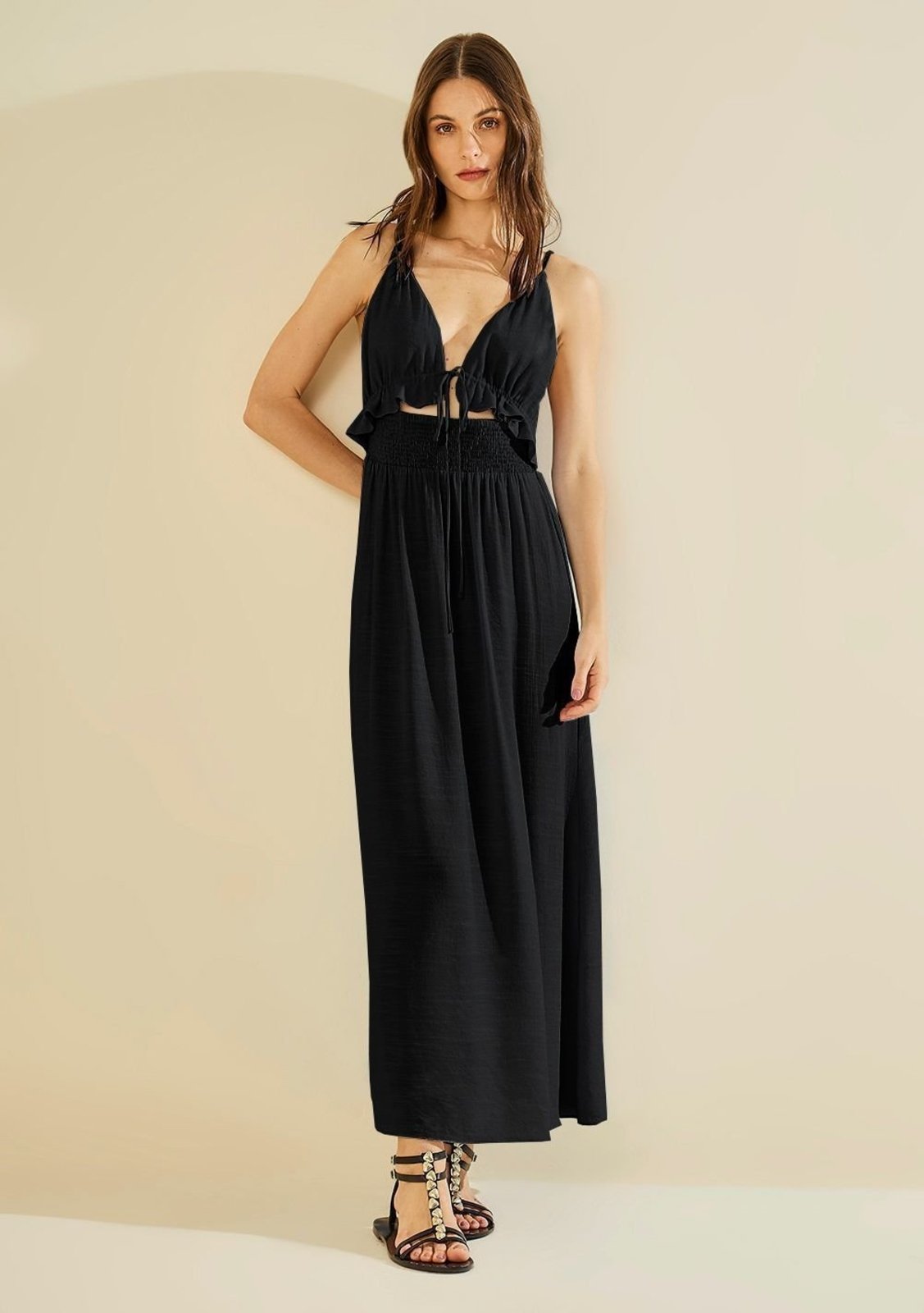 Vestido Morena Rosa Solto Decote V Sem Manga Longo - Preto