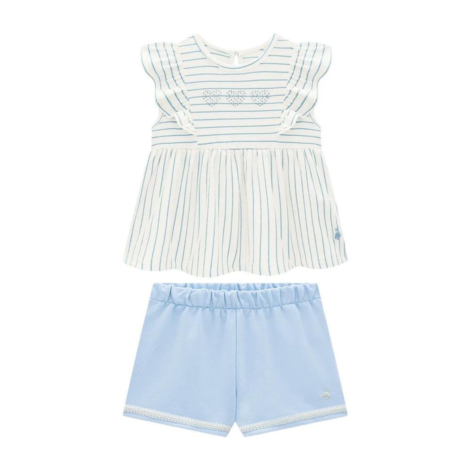 Infantil - Conjunto Feminino Blusa Listrada Babados Shorts Somni Branco Azul 1 Azul