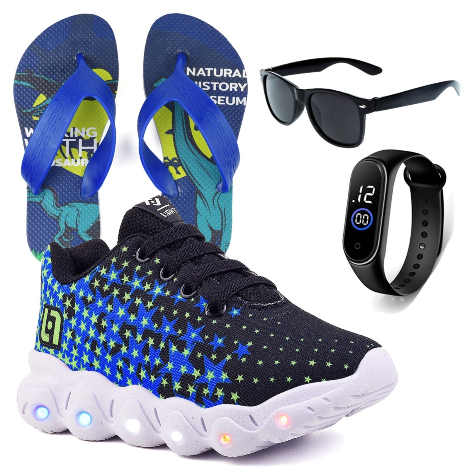 Vista 2 Infantil - Tenis De Led Meninos Casual Preto e Com Luzes + Chinelo Óculos e Relógio CALCADOS LGHT LIGHT azul CALCADOS LGHT LIGHT azul