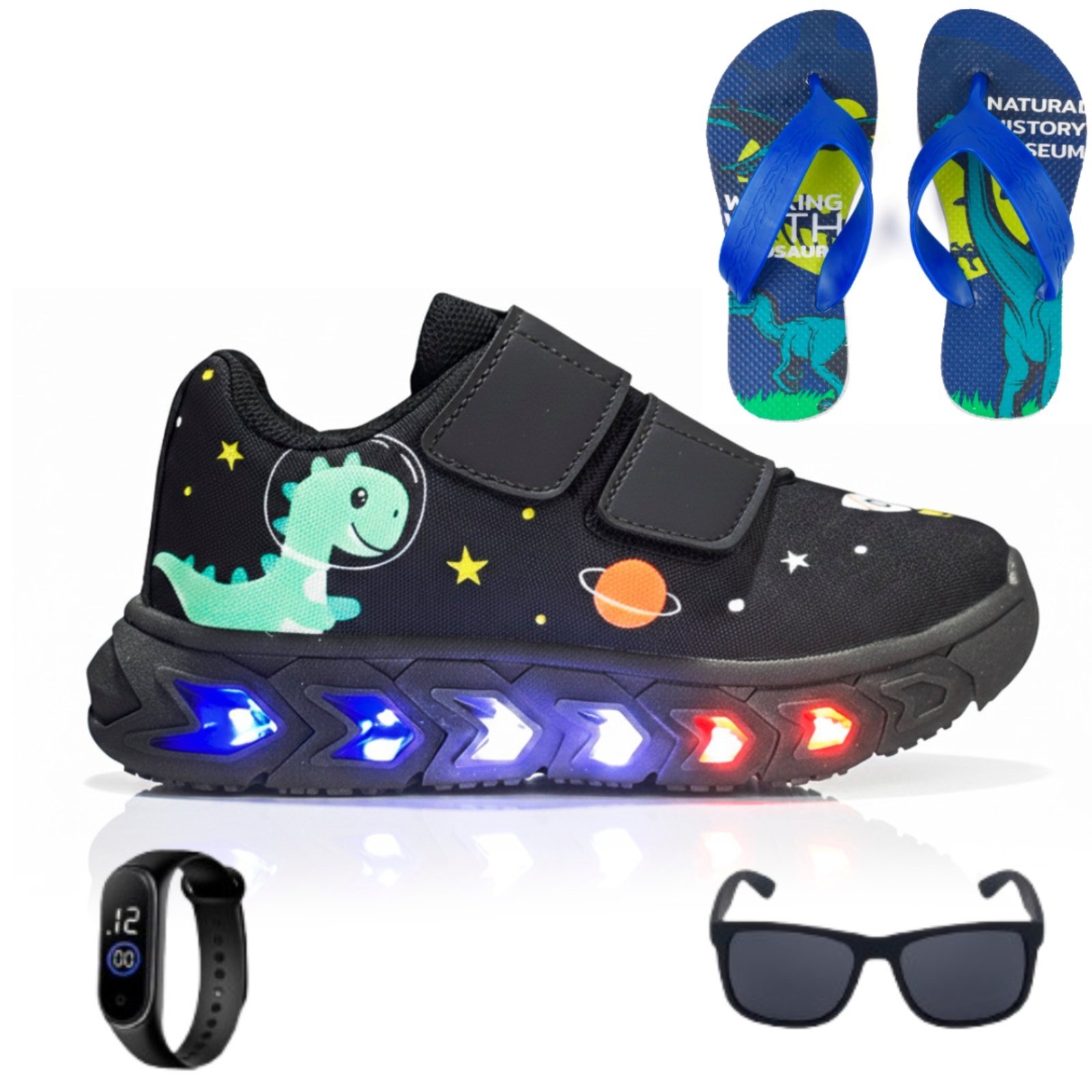 Vista 2 Infantil - Kit com Tênis Dino Casual com Led Colorido na Sola Macia + Chinelo de Dedo Leve + Óculos + Relógio CALCADOS LGHT LIGHT preto CALCADOS LGHT LIGHT preto
