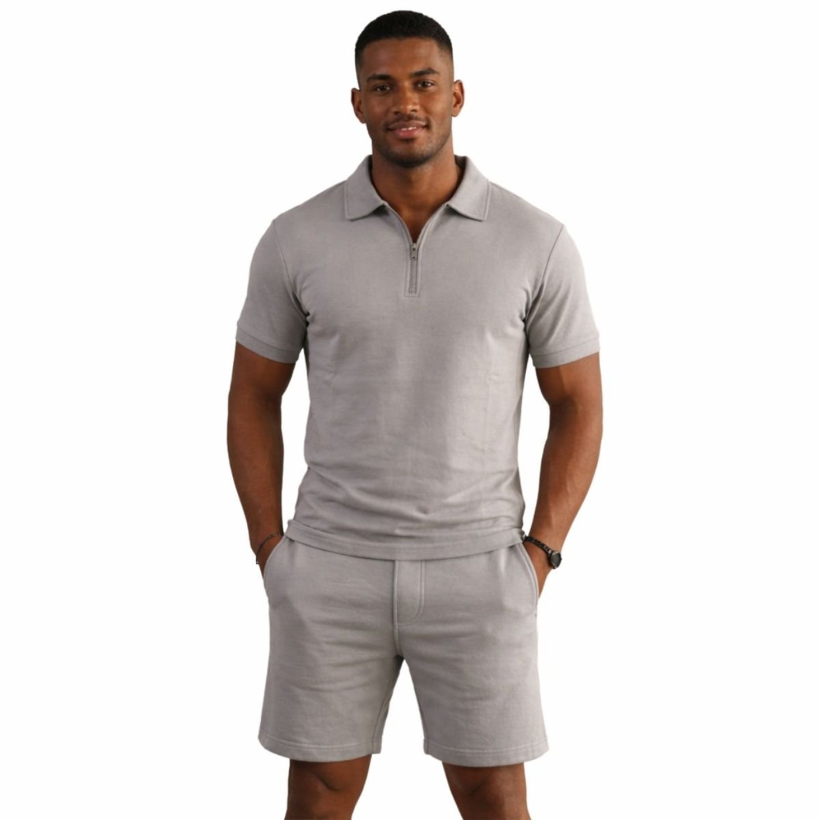 Conjunto Masculino Oversized Suedine Premium Camiseta Polo e Bermuda Casual Chumbo