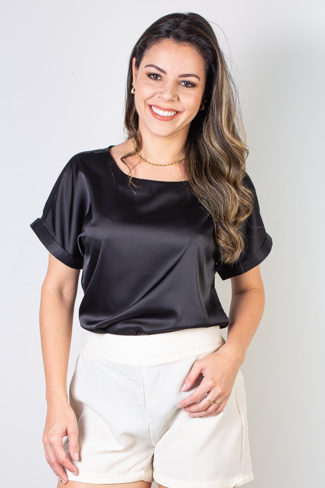 Blusa manga curta feminina cetim 71105 – Preto