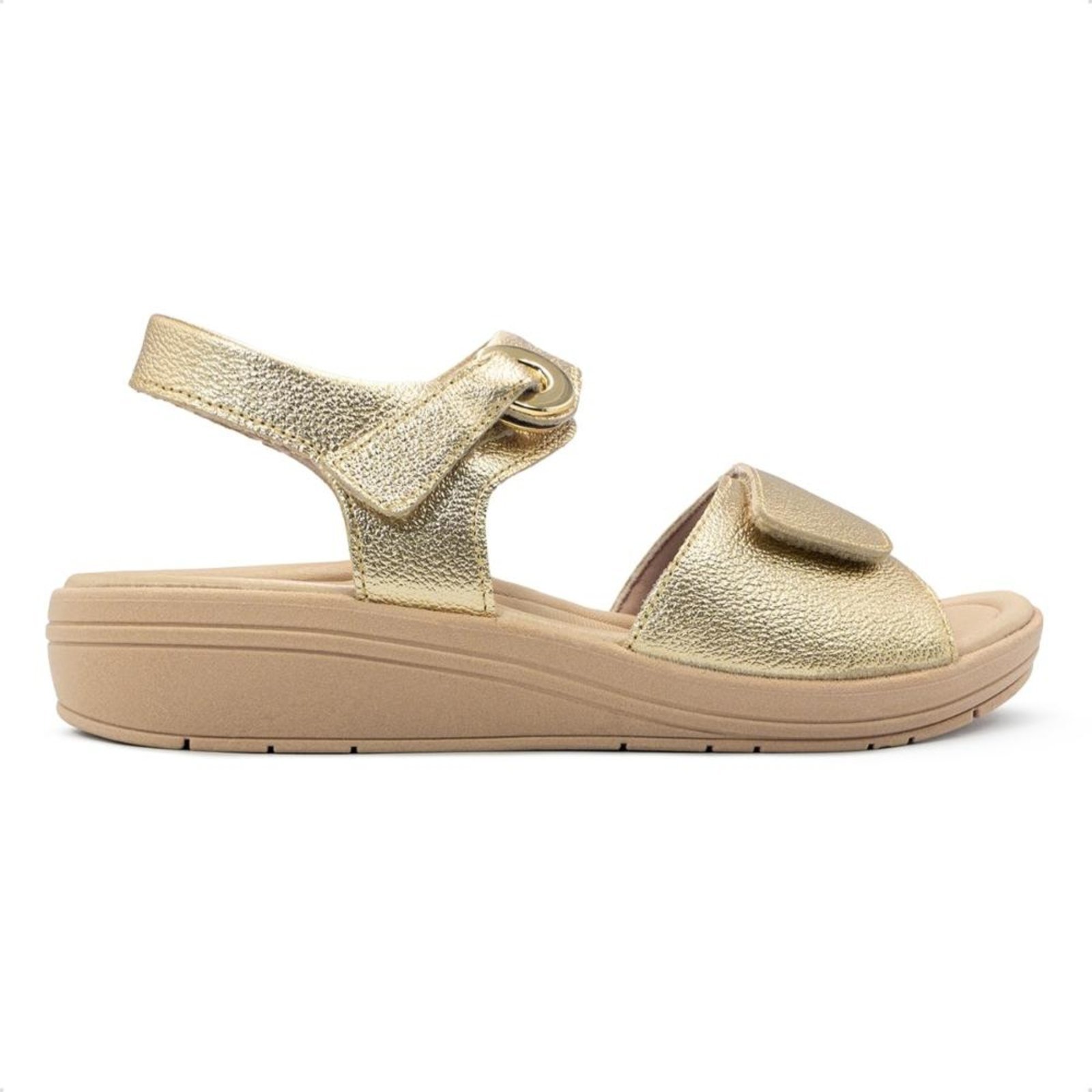 Sandália Usaflex Feminina Salto Anabela Ajuste Fecho-Flex Casual AK0508 Dourado