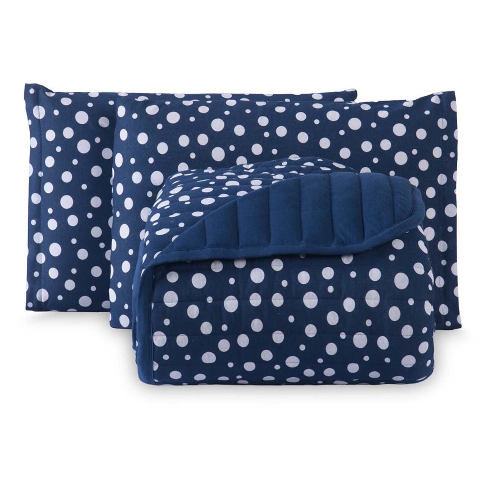 Kit Cobre Leito Poá Queen 100% Algodão Colcha 3 Peças Estampa Bolinhas Azul Marinho