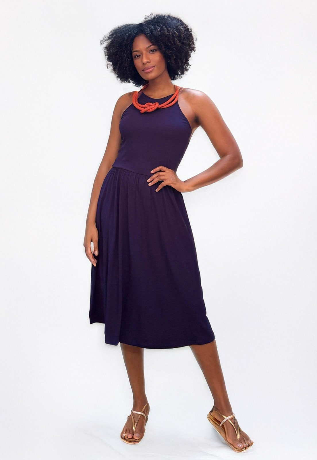 Vestido Midi Jennifer Malha Trapézio com Bolso Azul Marinho