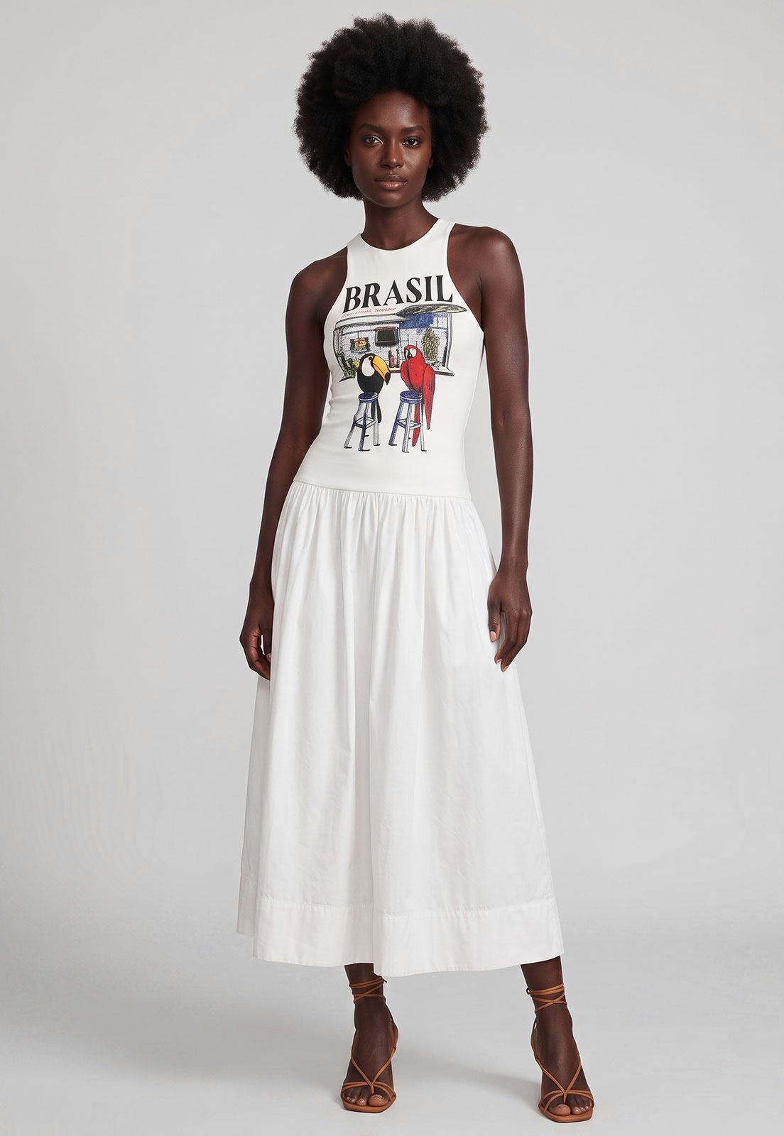 Vestido FARM Midi Estampado Brasil Branco