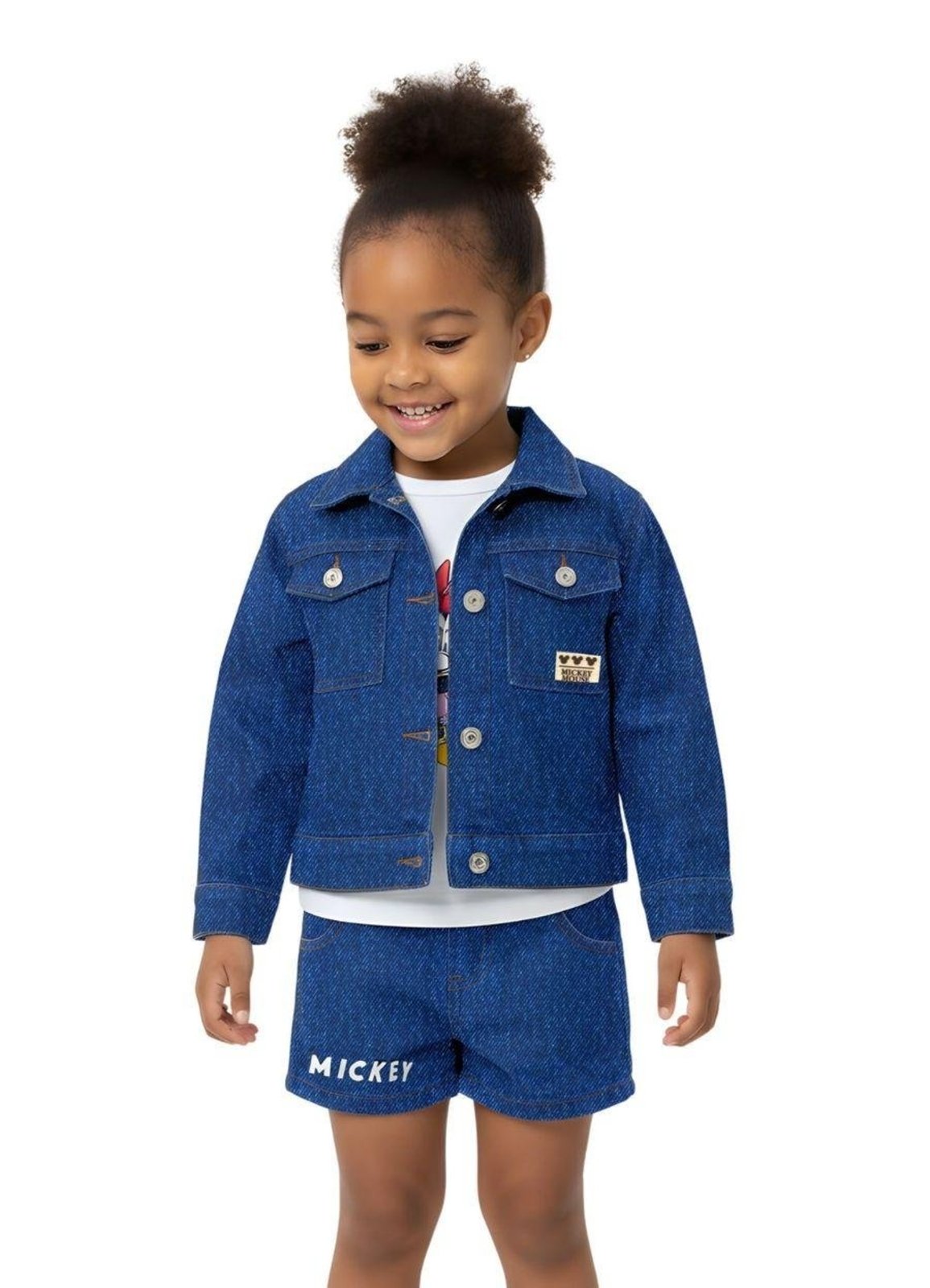 Infantil - Short Jeans Mickey Mouse Minnie Disney Detalhe Azul