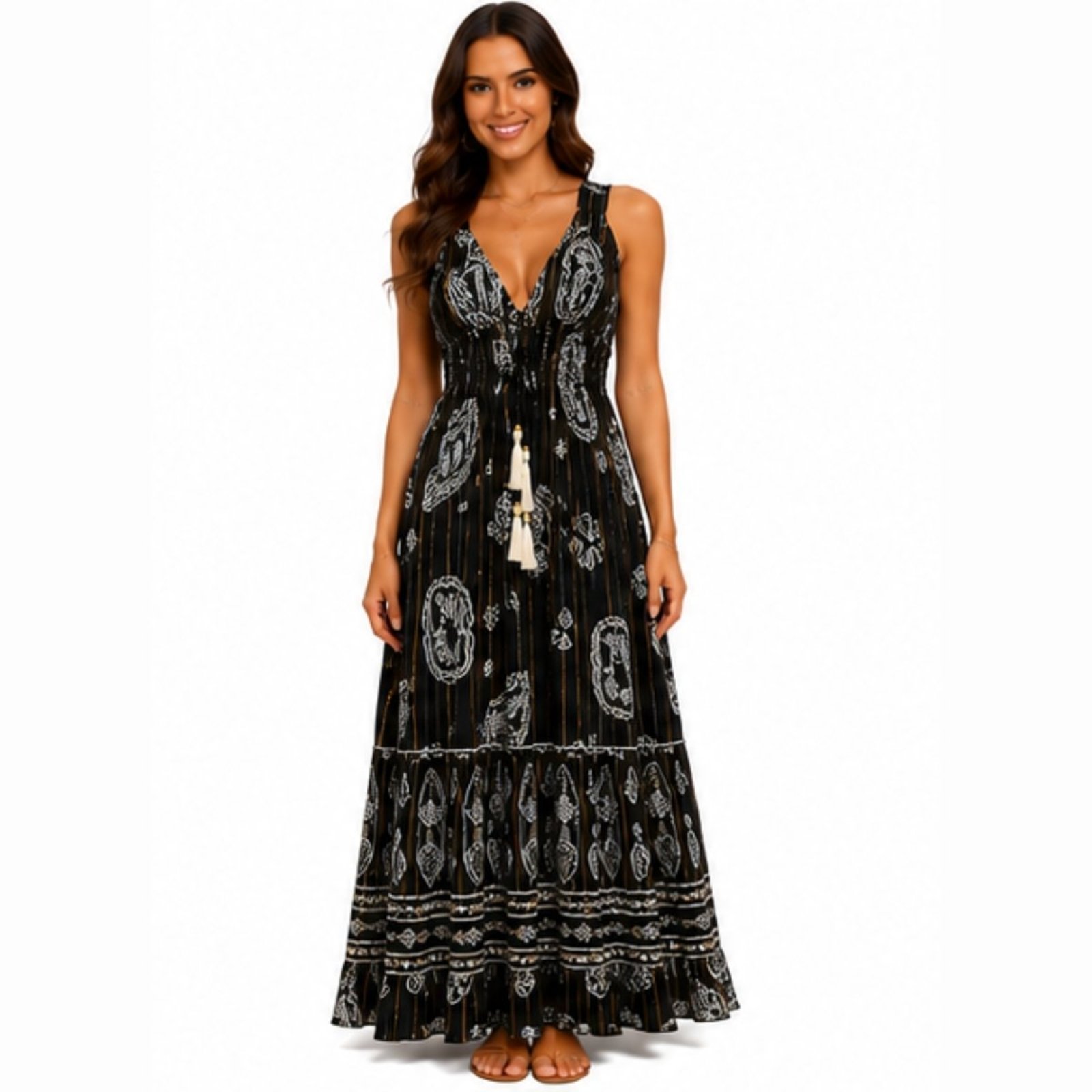 Vestido Longo Feminino Indiano em Viscose Estampado com Lastex Preto