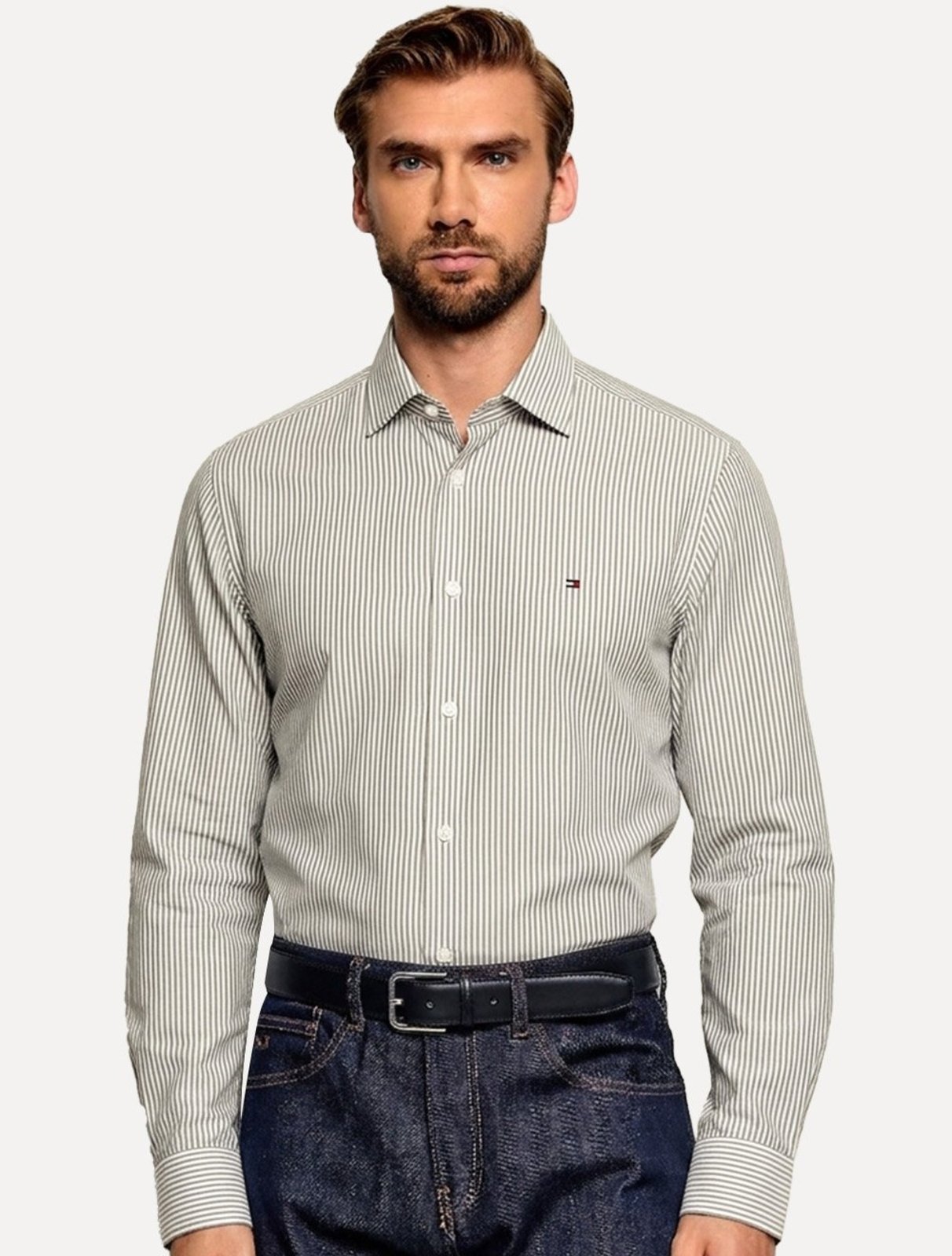 Camisa Tommy Hilfiger Masculina Slim Striped Stretch Verde