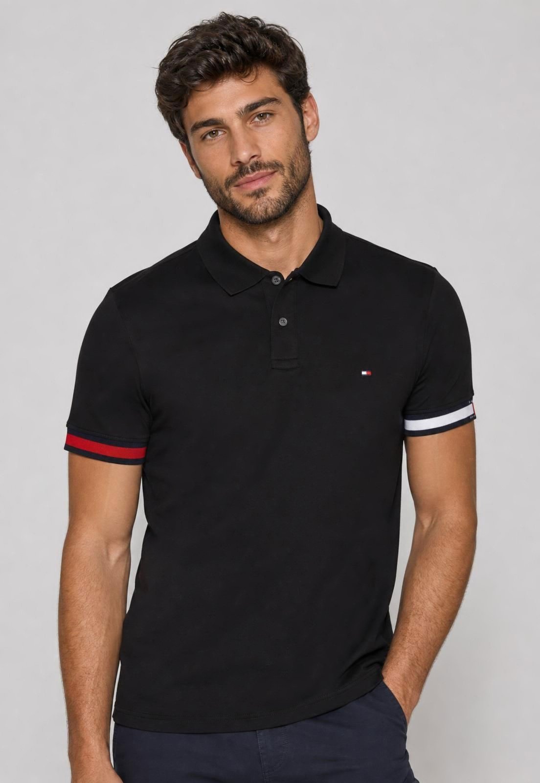 Polo Masculina Tommy Hilfiger Manga Curta Algodão Preta