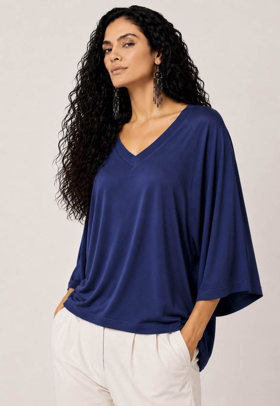 Blusa Amazonia Vital Ampla Morcego Guyrá Manga 3/4 Malha Azul Marinho