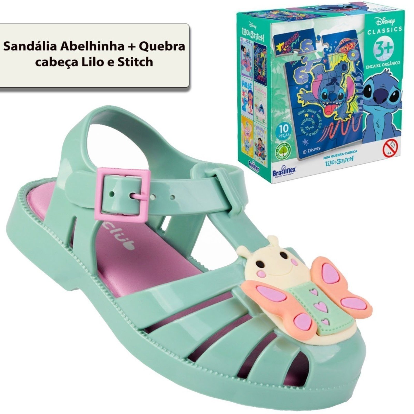 Infantil - Kit Sandália Menina Abelhinha Bee Happy Verde + Quebra-Cabeça Lilo Stitch