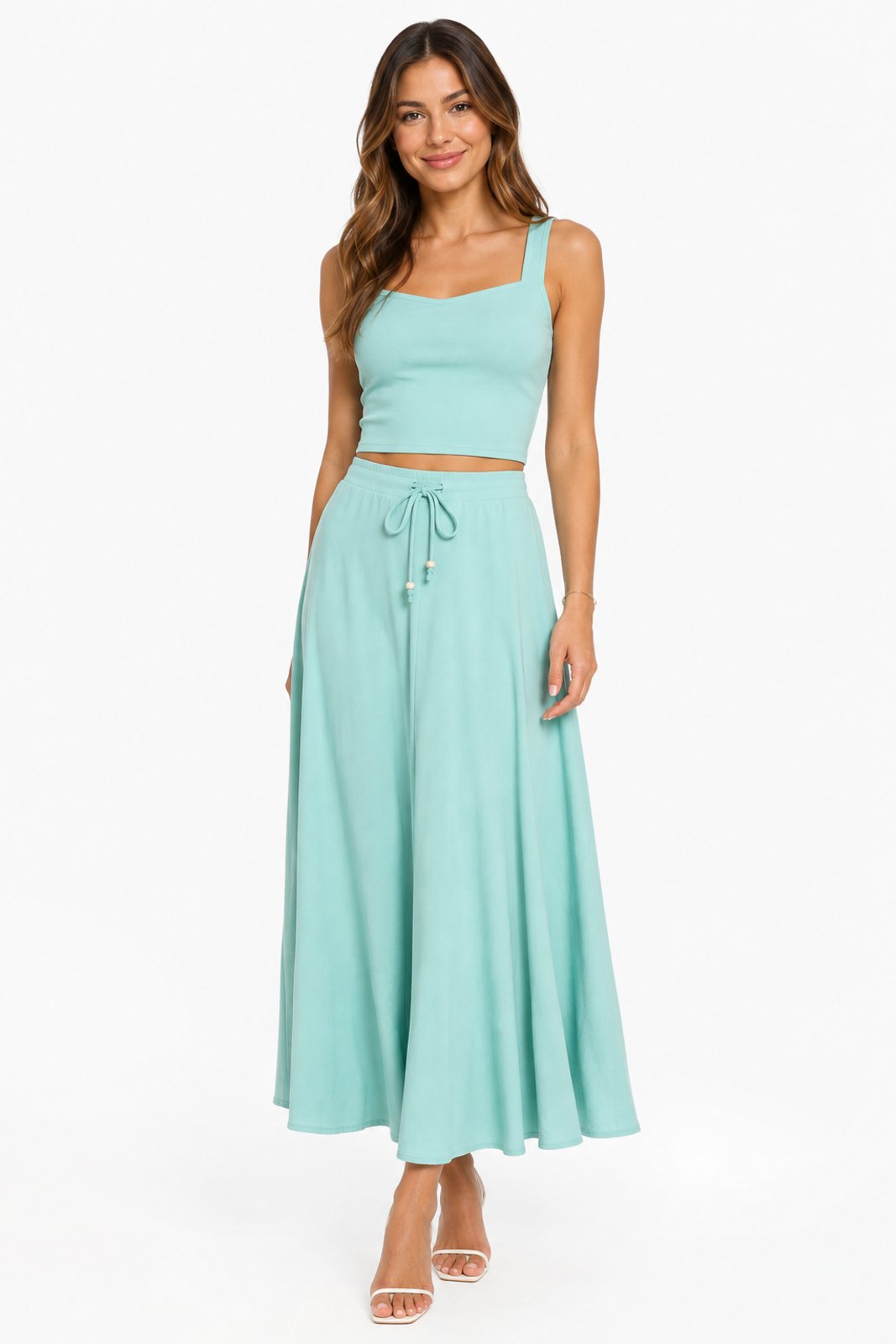 Conjunto Feminino D Bell Outlet Fashion Saia Longa Cropped Linho Verde Água