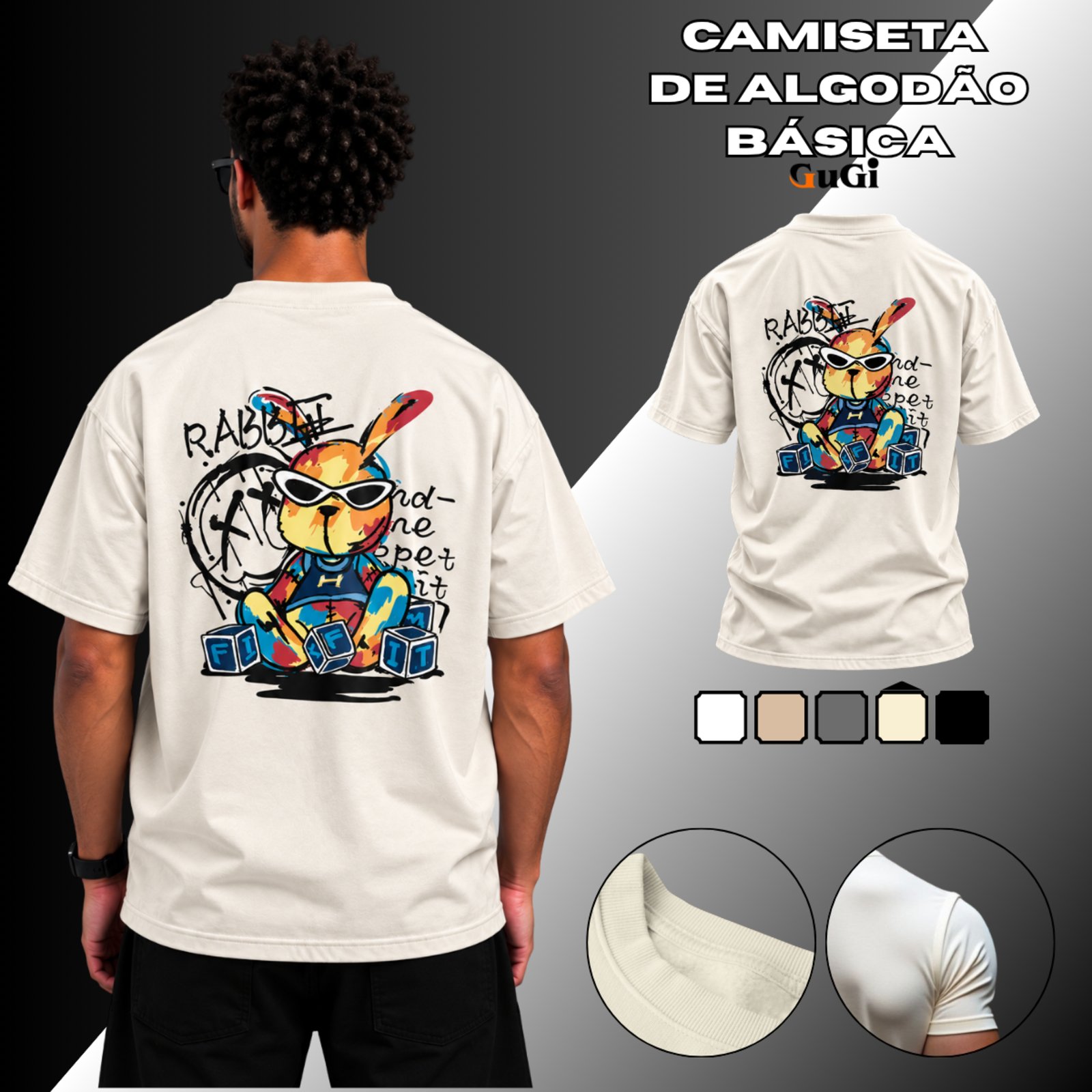Camiseta Masculina Rabbit Óculos De Sol 100% Algodão 30.1 Off White