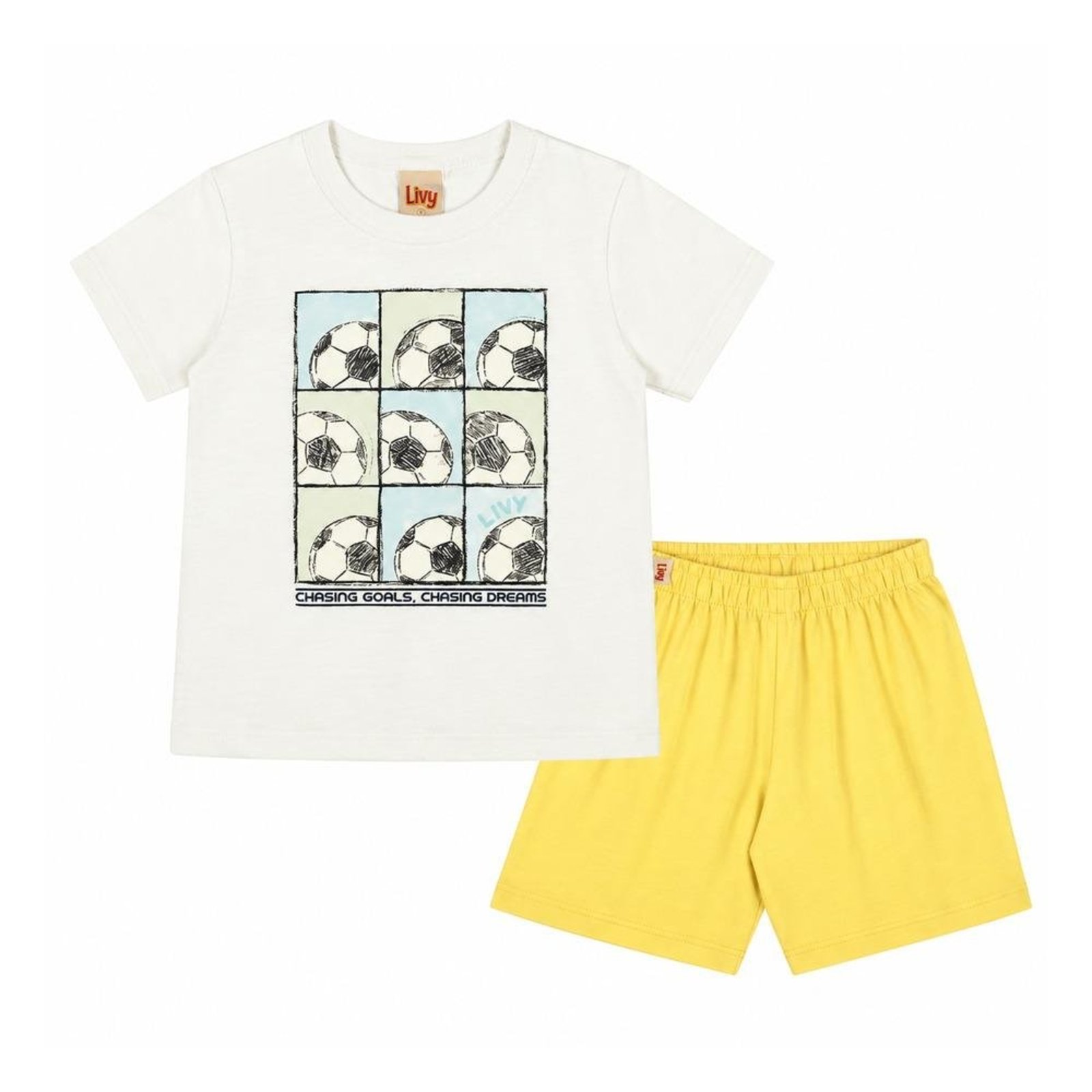 Infantil - Conjunto Camiseta Bermuda Estampa Futebol Livy Branco Amarelo 1 Amarelo