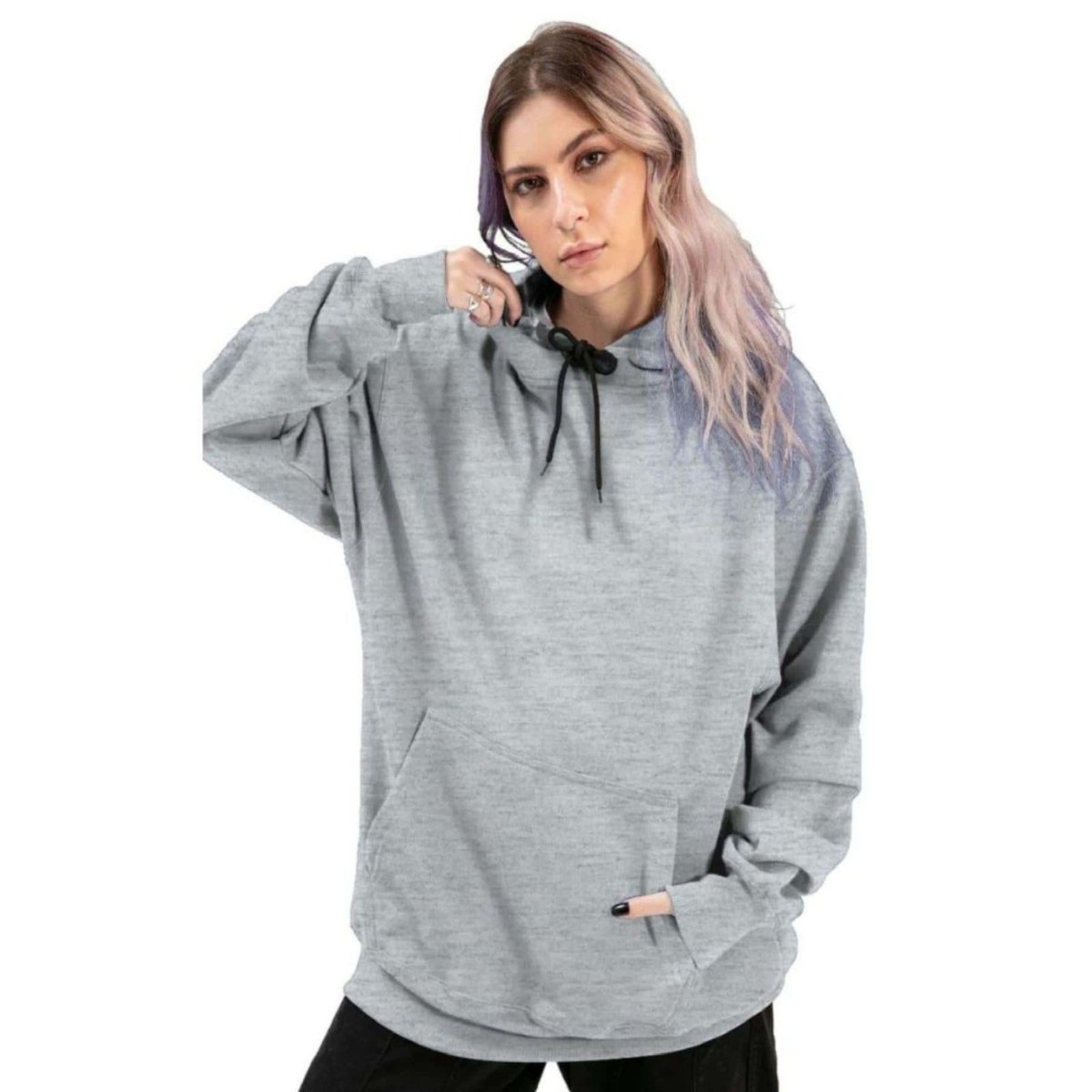 Moletom Relaxado Feminino Canguru Liso Cinza