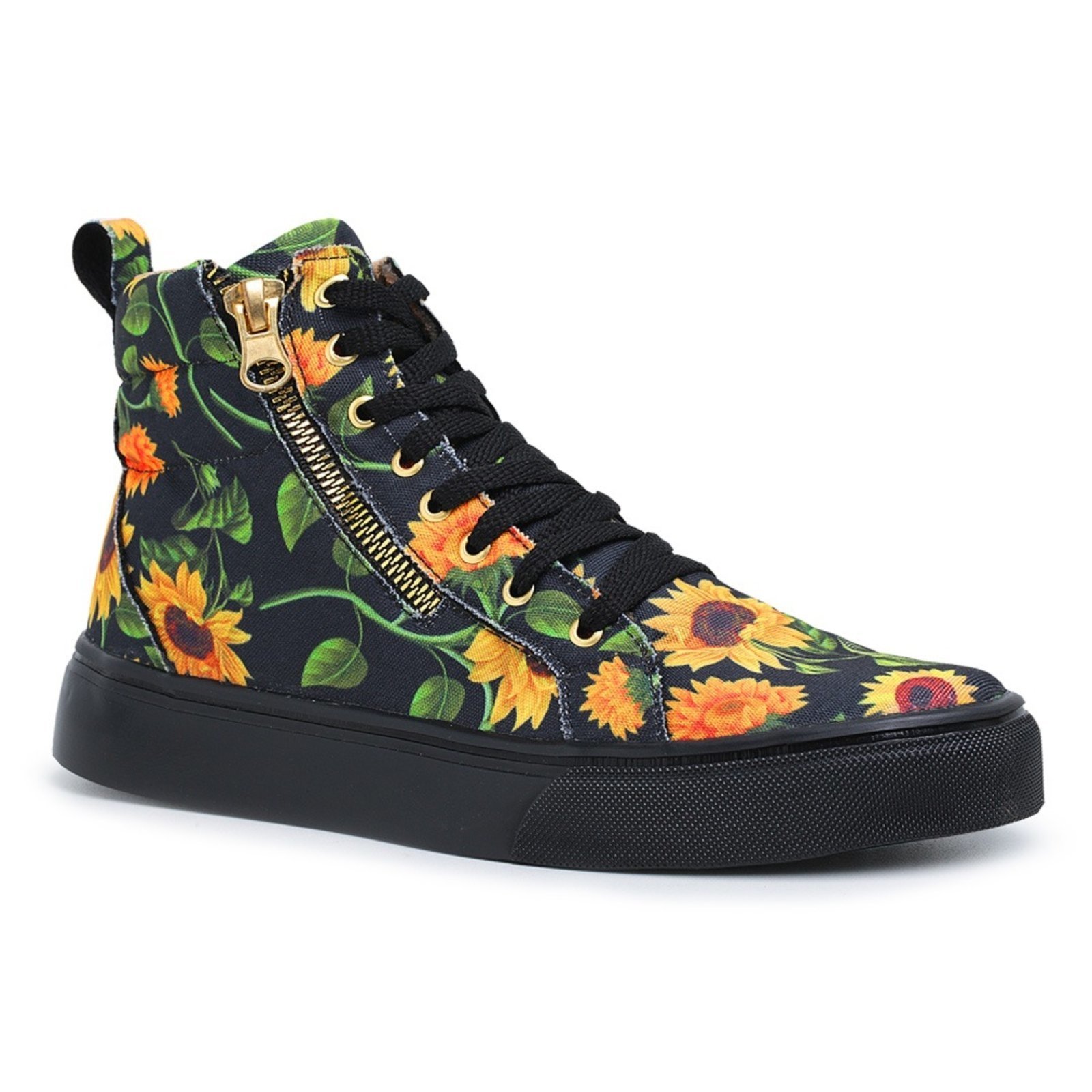 Sneaker Tênis Casual Botinha Feminina Cano Alto Sola Alta Emborrachada Zíper Lateral Amarração Preto/Amarelo