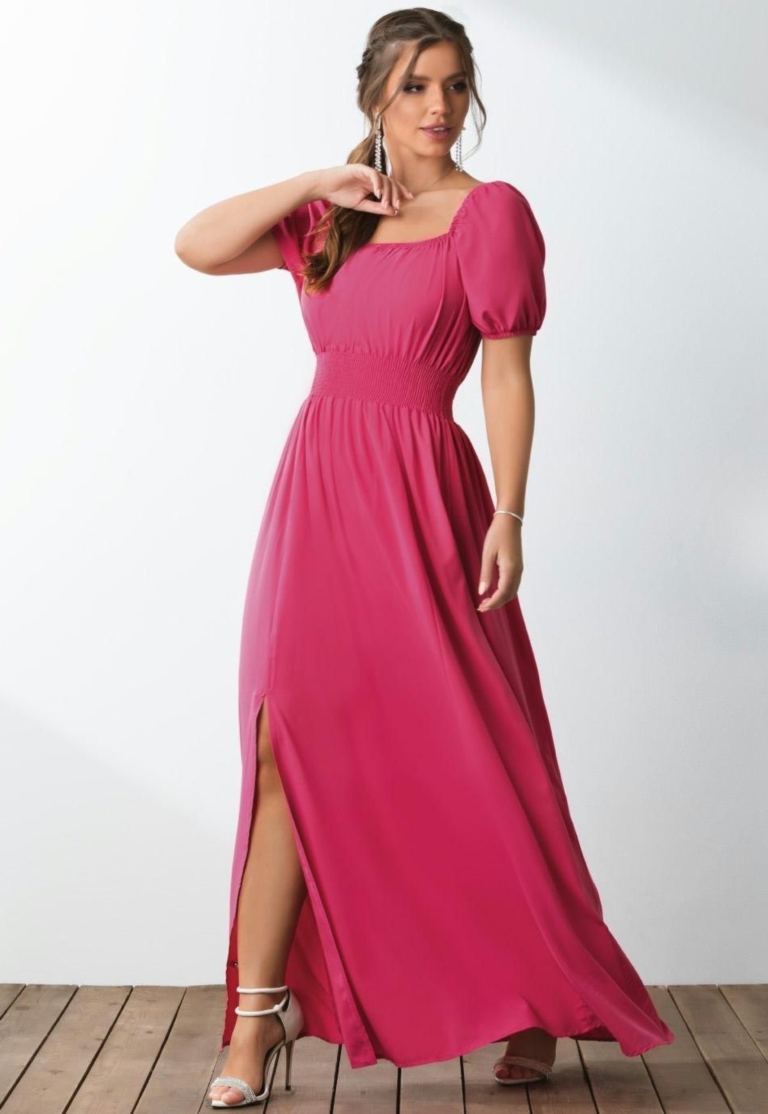 Vestido Decote Quadrado E Fenda Na Saia Rosa Quintess