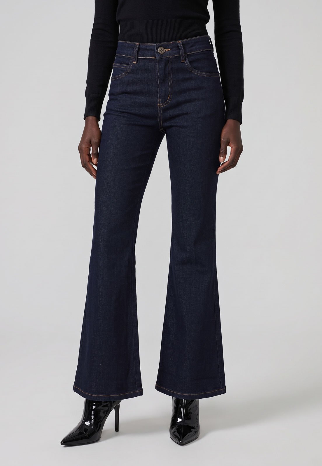 Calça Jeans Feminina Sawary Cintura Alta Flare Petit Azul Escuro