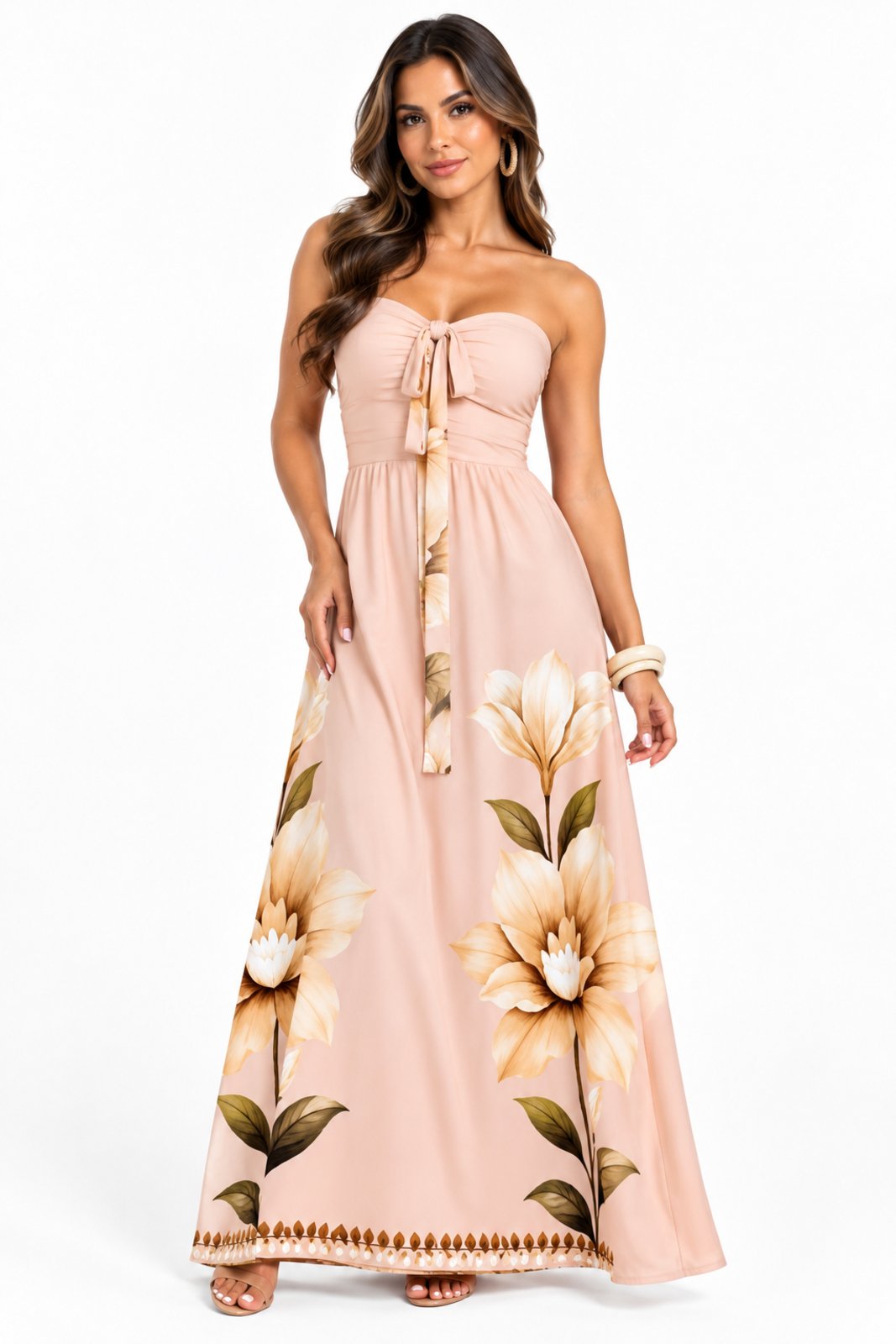 Vestido Longo D Bell Outlet Fashion Floral Tomara que Caia Rosa